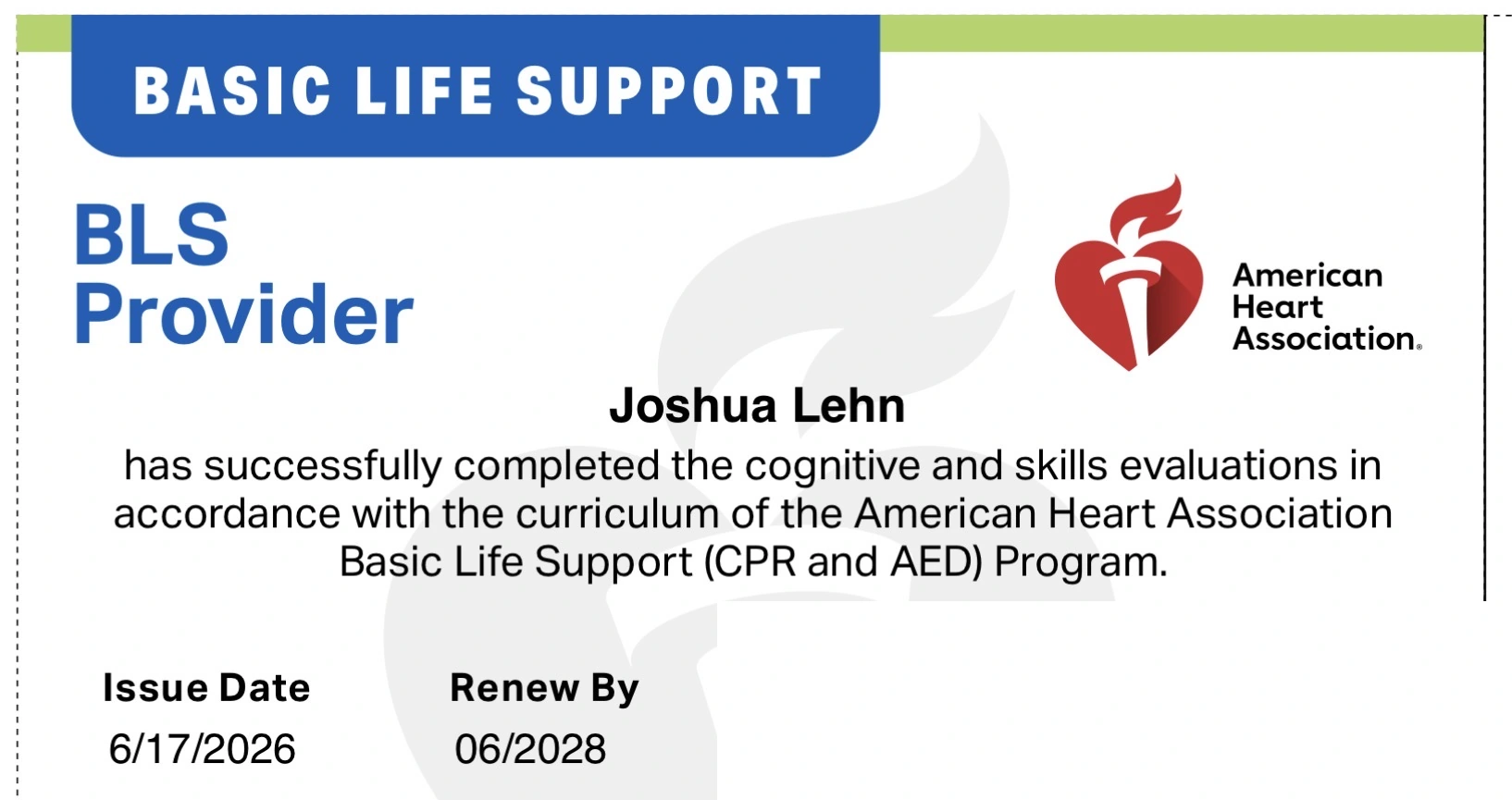 Basic Life Support (BLS Provider) document for Joshua Lehn