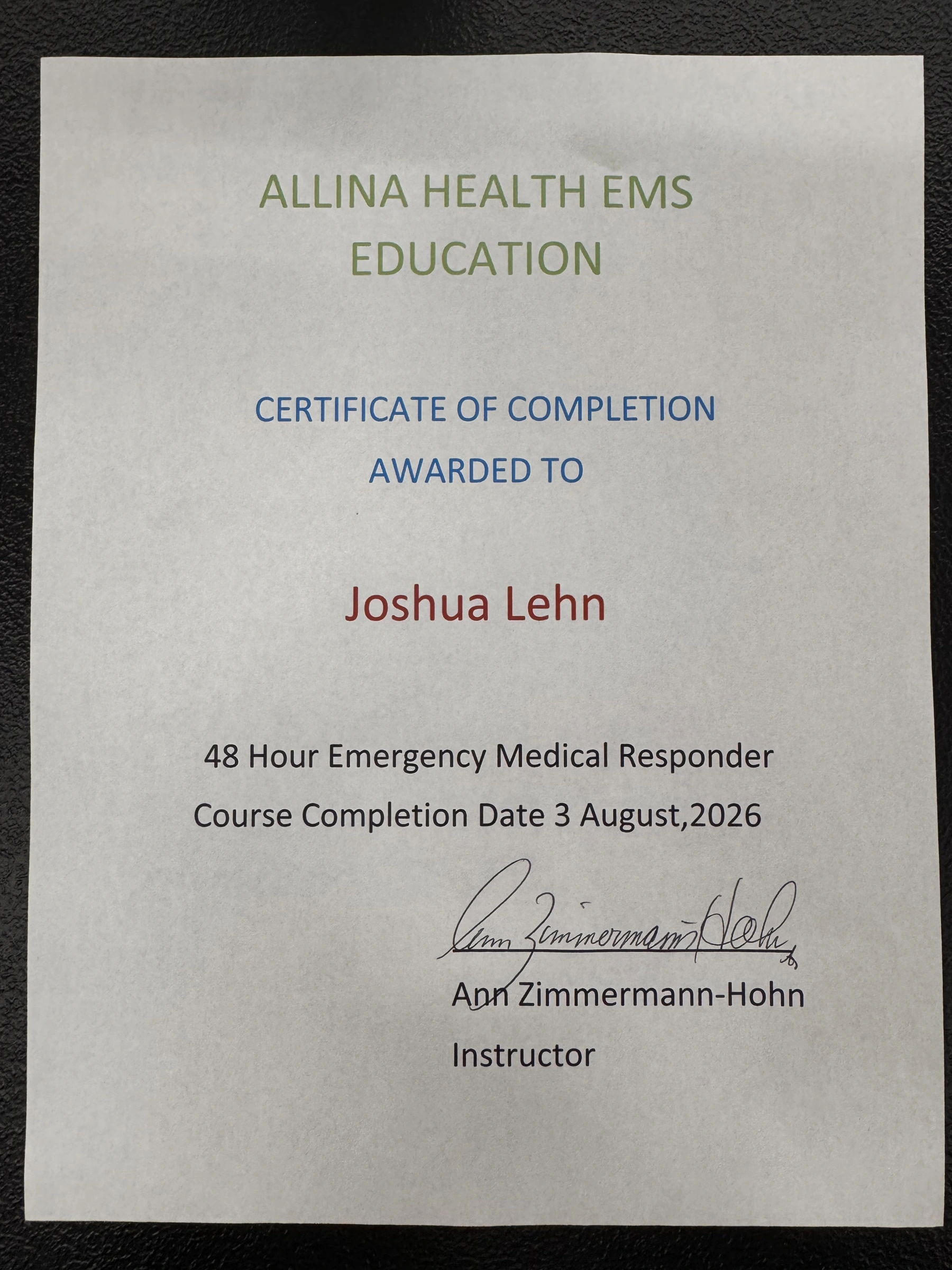 48 Hour Emergency Medical Responder document for Joshua Lehn