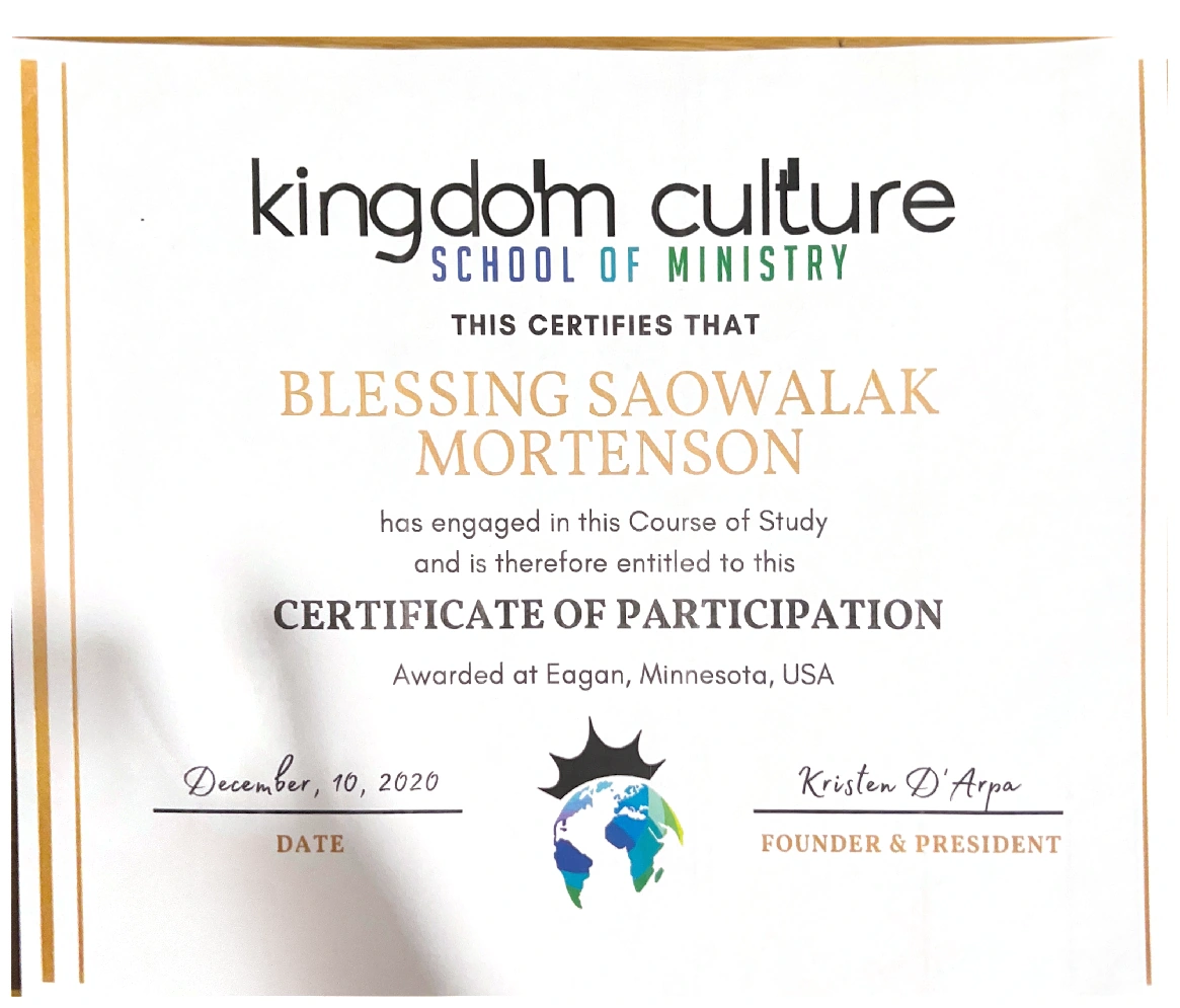 Certificate of Participation document for Blessing Saowalak Mortenson