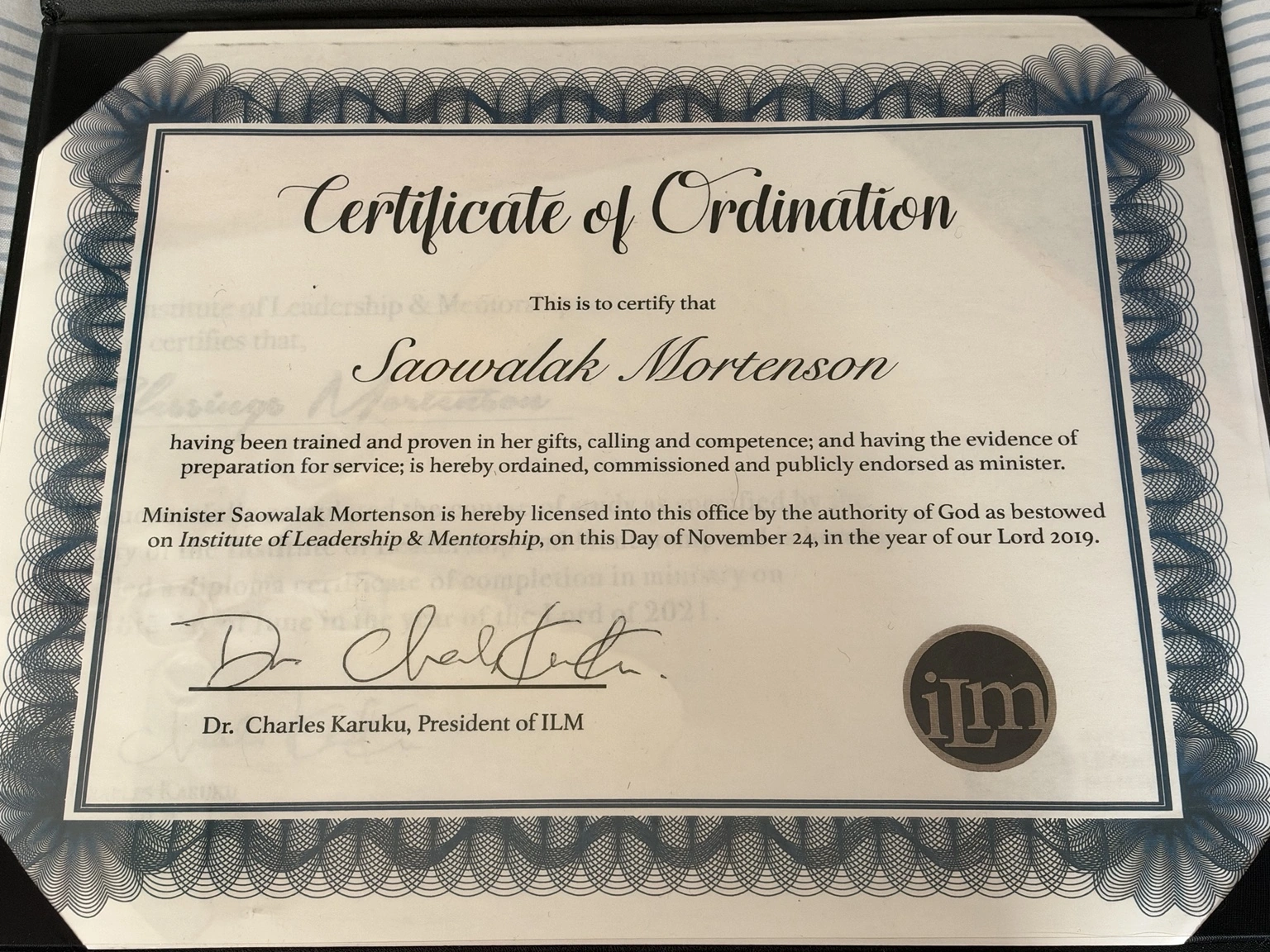 Ordained minister document for Saowalak Mortenson