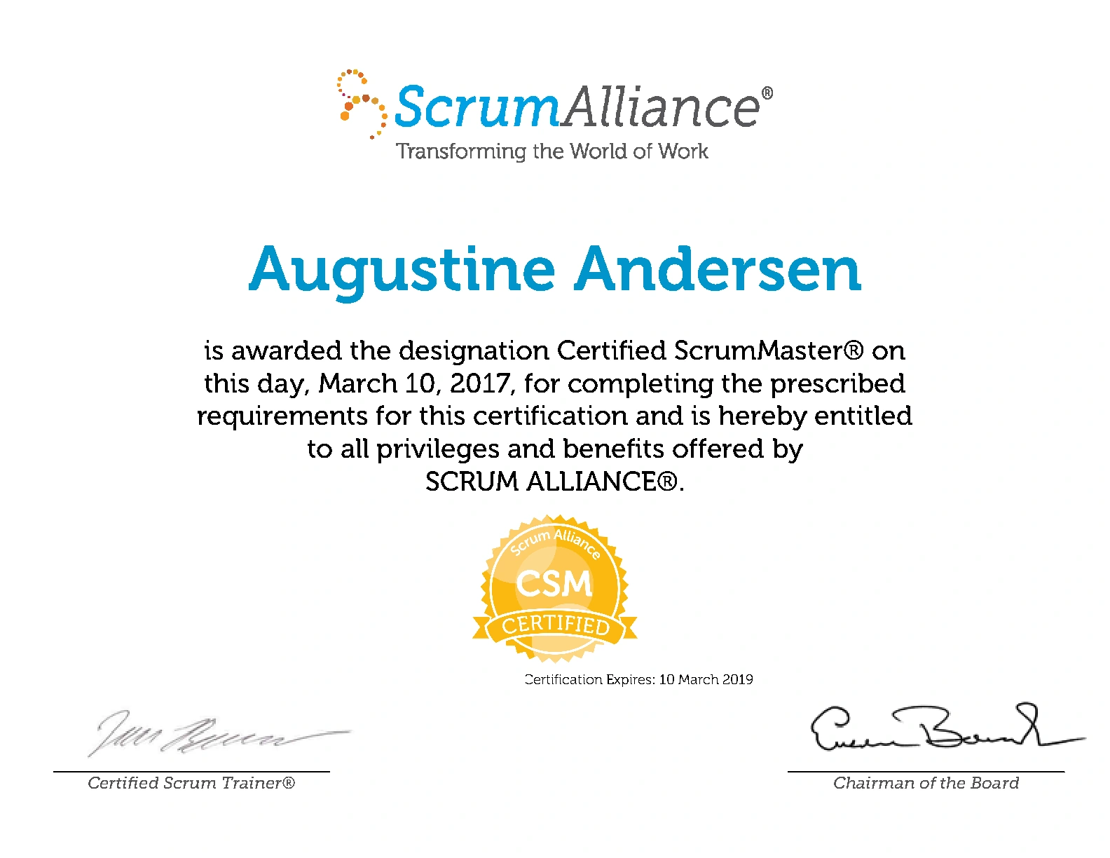 Certified ScrumMaster (CSM) document for Augustine Andersen