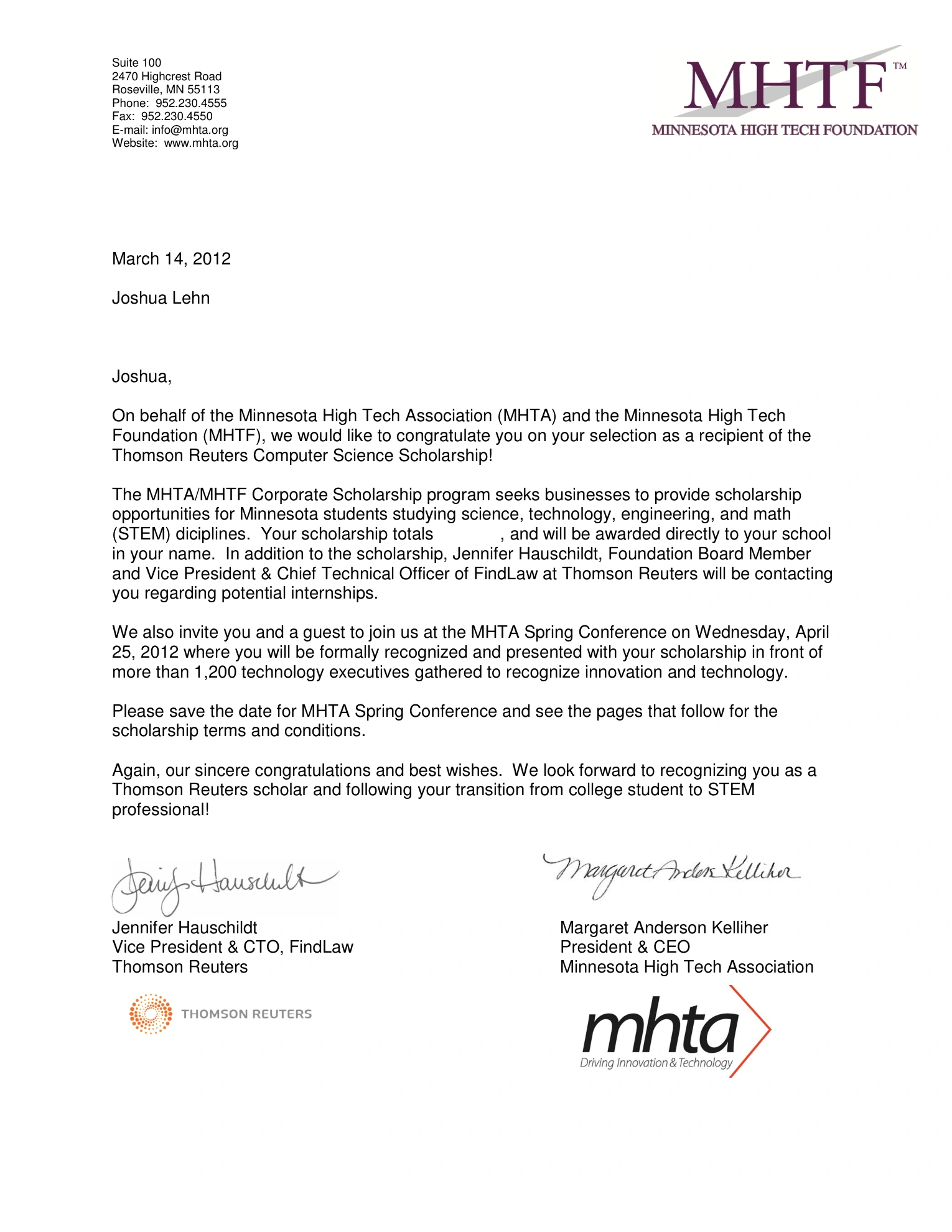 Thomson Reuters Computer Science Scholarship document for Joshua Lehn